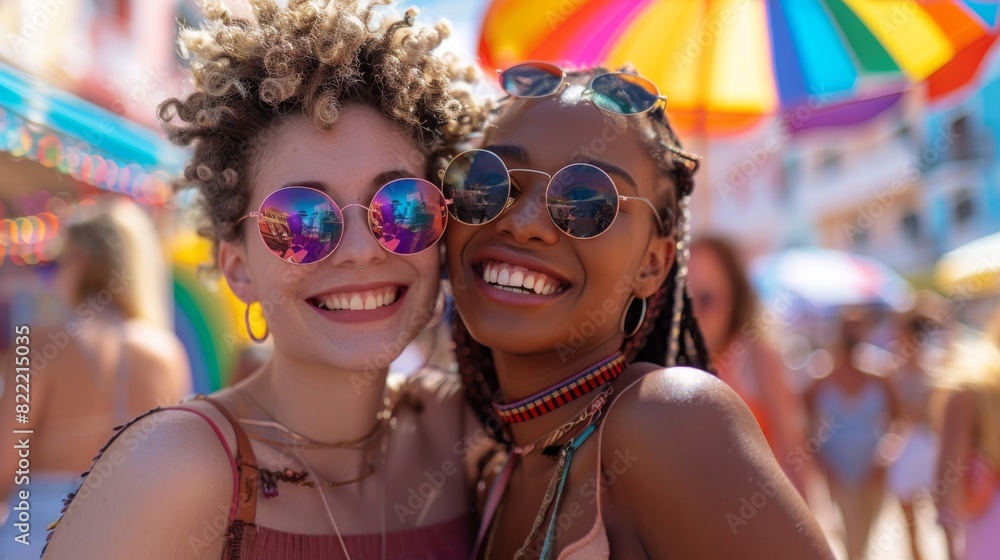 LGBTQ+ couple dancing joyfully at a vibrant street fair LGBTQ+ couple dancing joyfully at a vibrant street fair