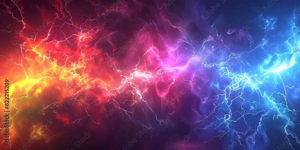 Fototapeta premium Colorful lightning background, red yellow blue purple lightning effects, colorful thunderstorm, Rainbow lightning effect. electric texture, banner