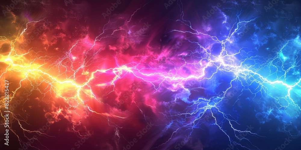 Fototapeta premium Colorful lightning background, red yellow blue purple lightning effects, colorful thunderstorm, Rainbow lightning effect. electric texture, banner