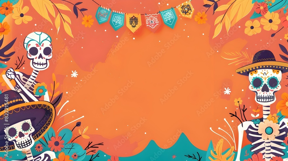 Minimalist Doodle Day of the Dead Background with Skeleton Silhouettes Colorful Floral Patterns and Andes Mountain Landscape
