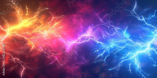 Colorful lightning background,  red yellow blue purple lightning effects, colorful thunderstorm, Rainbow lightning effect. electric texture, banner