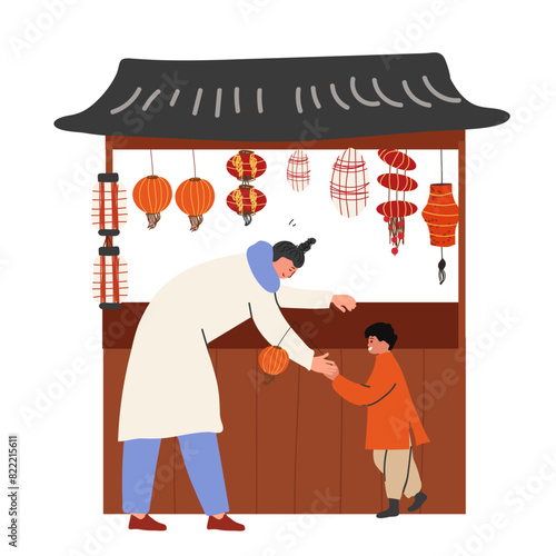 Illustration of Chinese paifang, characters of people. Elements of New Year fair, vector illustration, hand drawn, isolated on white background. Chinese New Year and Spring Festival.