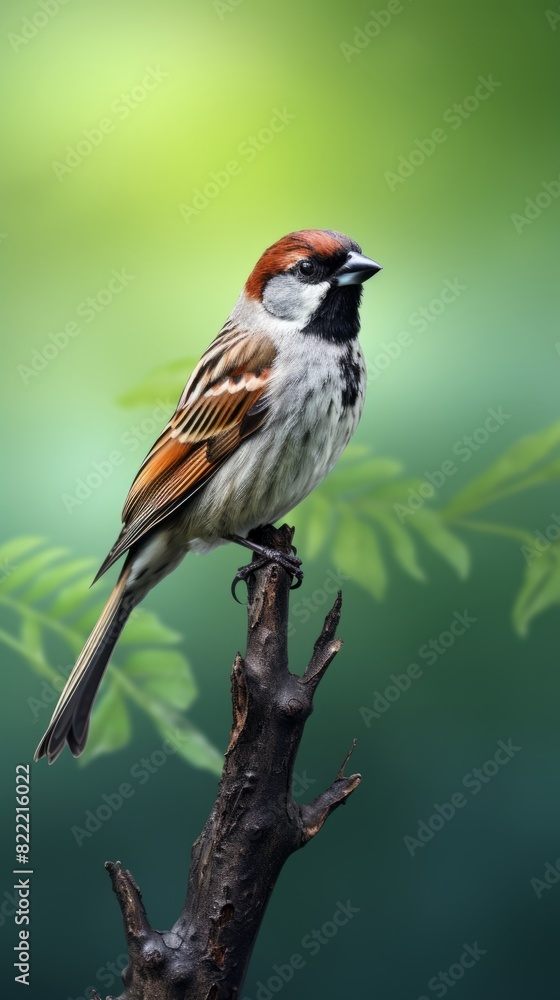 Fototapeta premium Sparrow sitting on a branch on a green background.