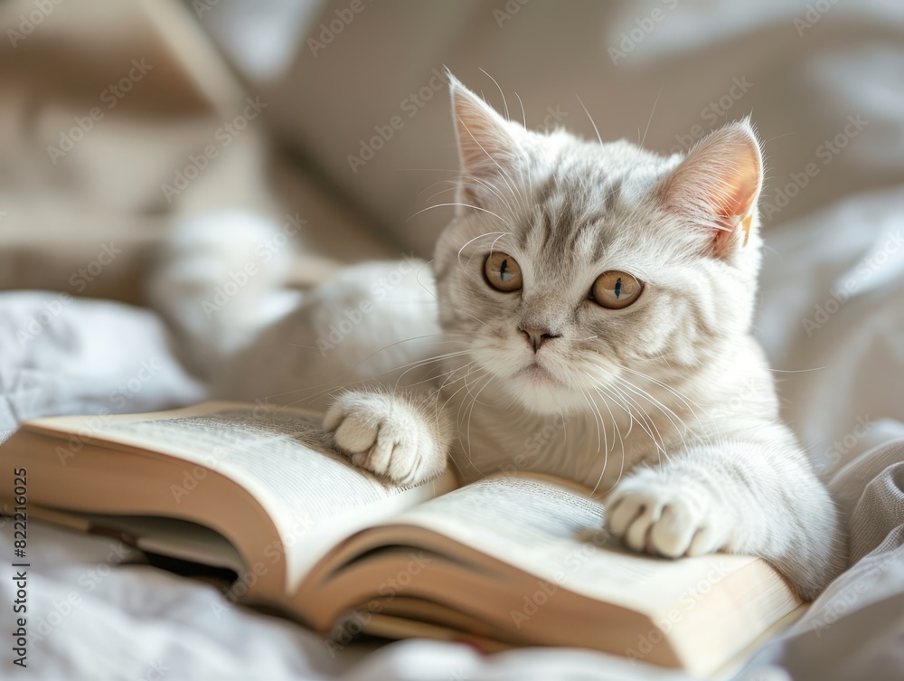 White cat lying down reading book. White cat lying down reading book.