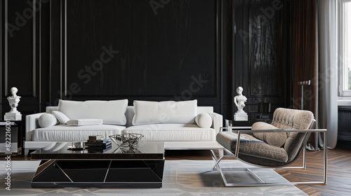 A sleek Art Deco living room with black lacquered walls, a luxurious white linen sofa, and a polished ebony coffee table photo