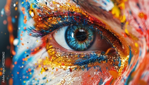 Close-up of a vibrant blue eye with colorful paint marks, symbolizing creativity and artistic expression.