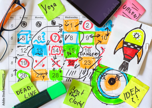 Calendar with business appointments, sticky notes and spectacles, monthly schedule. Business concept,beat the clock,idea and innovation