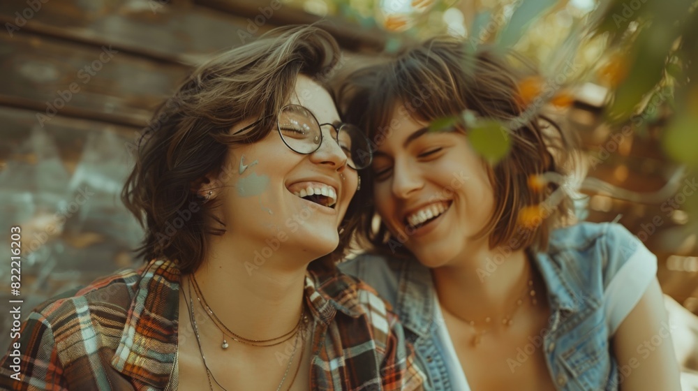 LGBTQ+ couple sharing a laugh while painting their new home LGBTQ+ couple sharing a laugh while painting their new home