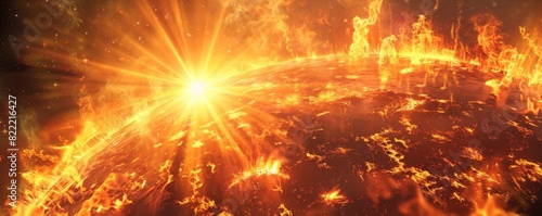 The image captures the intense heat and dynamic energy of a solar flare erupting from the surface of the sun, with vibrant, fiery hues and swirling particles illuminating the scene