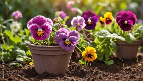 There are several potted pansies with purple, yellow, and pink petals.