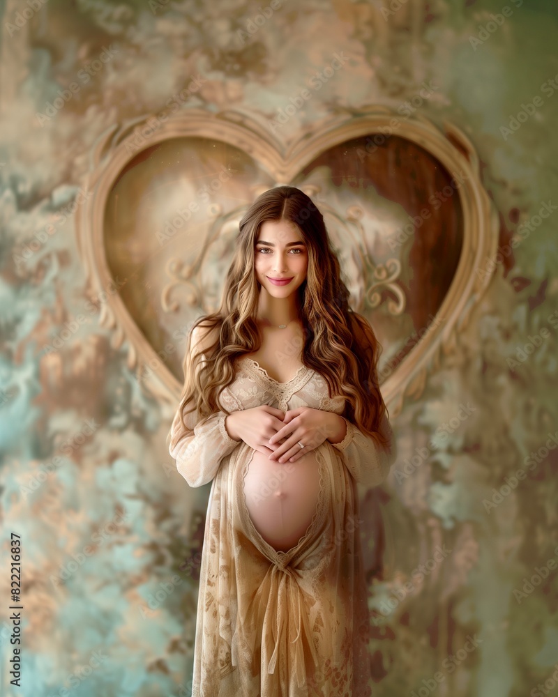 Naklejka premium A radiant pregnant woman tenderly cradles her belly, smiling softly in a sunlit room. Her long hair and elegant dress enhance her serene, joyful demeanor.
