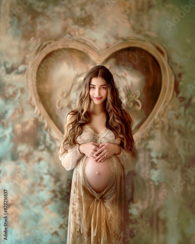 A radiant pregnant woman tenderly cradles her belly, smiling softly in a sunlit room. Her long hair and elegant dress enhance her serene, joyful demeanor.