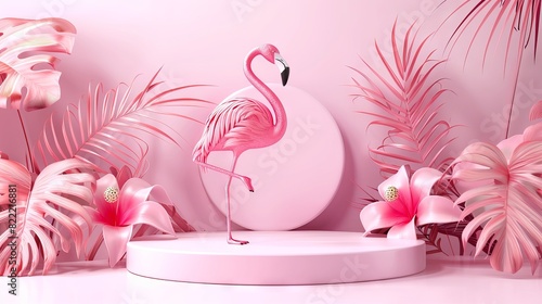 Summer 3D podium background flamingo pink product pedestal party scene display beach.  © Shahriyar