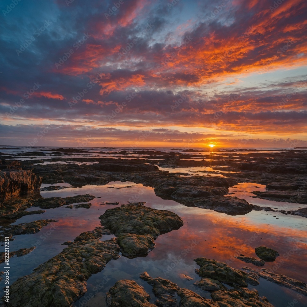 A vibrant sunset over a rocky coastline with tidal pools reflecting the sky.

