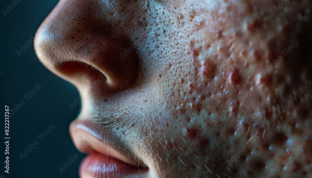 Fototapeta premium Close-up view of skin with visible acne and pores, illustrating common skin concerns and dermatological conditions.