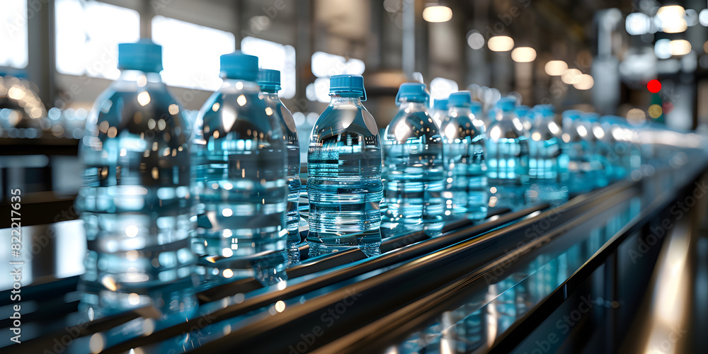 Conveyor Belt with Transparent Water Bottles in Factory Setting Machines and Conveyor Belts in Action Conveyor Belt with Transparent Water Bottles in Factory Setting Machines and Conveyor Belts in Action