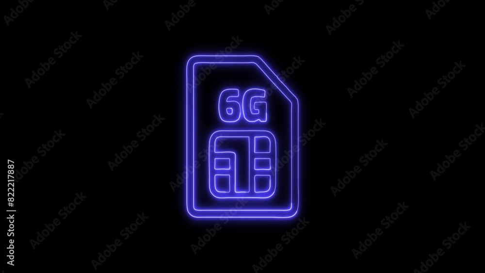 Neon 6G Sim Card Glowing Outline Icon and Symbol Animation on Black Background, HD Video Neon 6G Sim Card Glowing Outline Icon and Symbol Animation on Black Background, HD Video