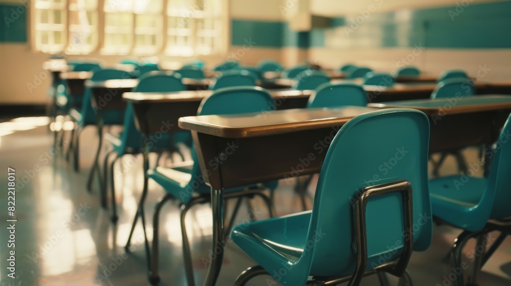 Neatly arranged desks and chairs in an empty classroom, close-up view, capturing the anticipation of back-to-school in a clean and organized setting Neatly arranged desks and chairs in an empty classroom, close-up view, capturing the anticipation of back-to-school in a clean and organized setting