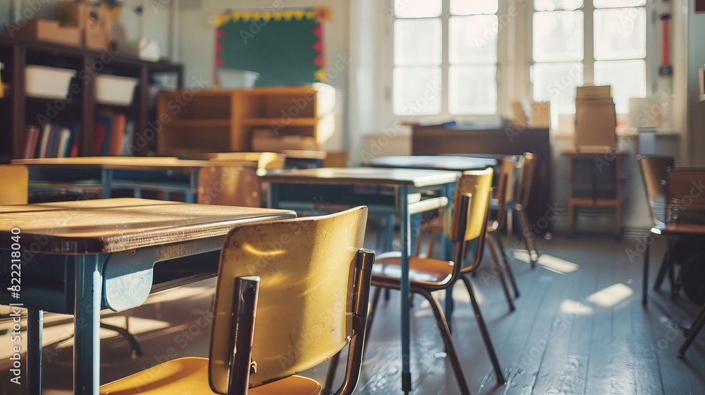 Neatly arranged desks and chairs in an empty classroom, close-up view, capturing the anticipation of back-to-school in a clean and organized setting