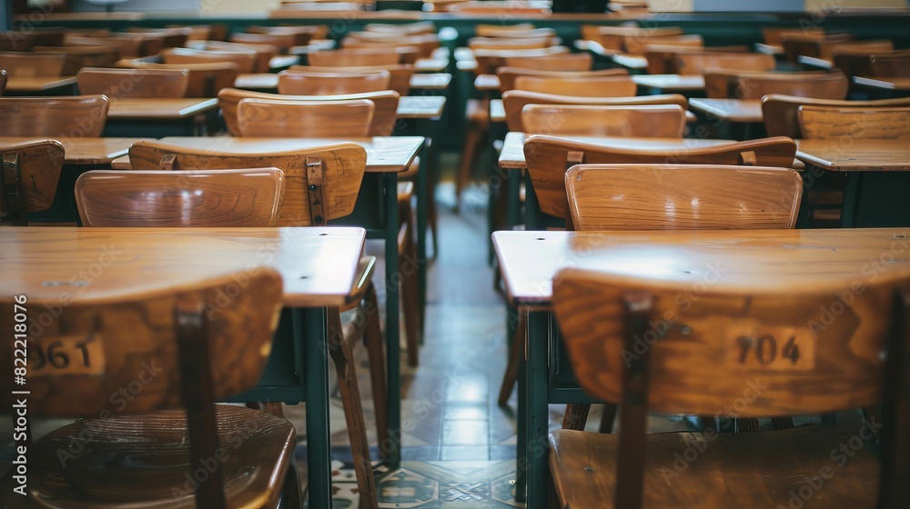 Fototapeta premium Neatly arranged desks and chairs in an empty classroom, close-up view, capturing the anticipation of back-to-school in a clean and organized setting