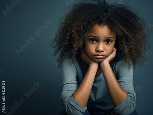 Gray background sad black American African child Portrait of young beautiful kid Isolated Background racism skin color depression anxiety fear burn out health