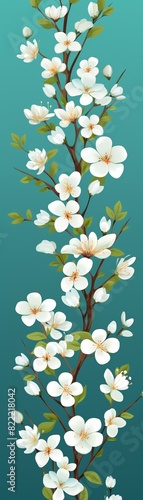 Beautiful floral illustration with white blossoms on a branch against a teal background. Ideal for spring and nature-themed designs.