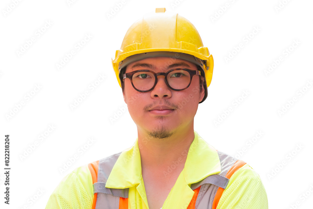 Asian male engineer worker on transparent background. Asian male technician wear safety helmet, glasses and uniform on transparent background Asian male engineer worker on transparent background. Asian male technician wear safety helmet, glasses and uniform on transparent background
