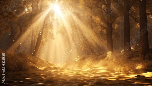 The image is of a forest with sunlight shining through the trees. There is a river in the foreground and the ground is covered with leaves.  