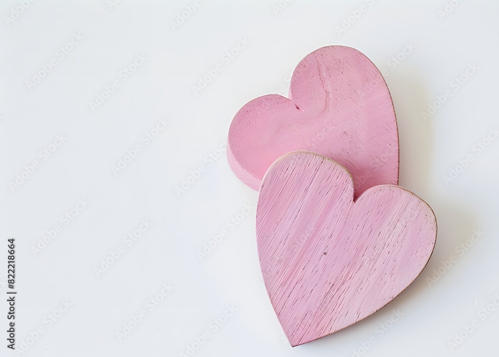 Obraz premium Two Pink Wooden Hearts on White Background
