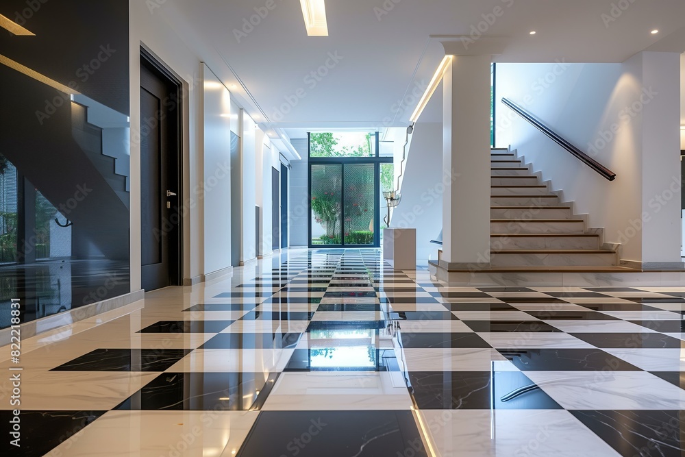 Obraz premium modern cosy entrance hallway in a modern house with checkerboard marble floors