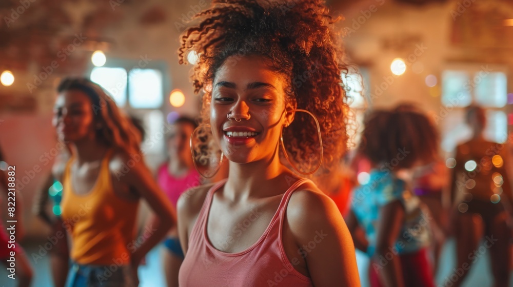 Non-binary person participating in a dance class with friends Non-binary person participating in a dance class with friends