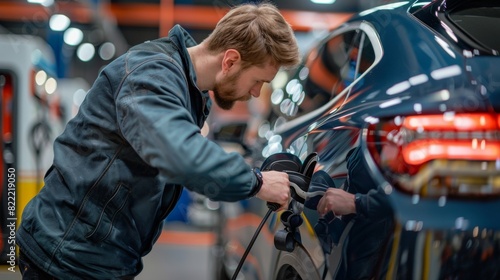 Technician calibrating the sensors of an EV car during a service appointment © G.Go