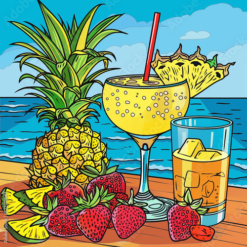 Ilustrasi warna-warni minuman tropis seperti pina colada dan margarita, dengan nanas dan stroberi di atas meja bergaya pantai bergaya kartun photo