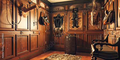 Saddle Club Room: A room designed for a saddlery club or riding academy, with walls adorned with tack, bits, and spurs photo