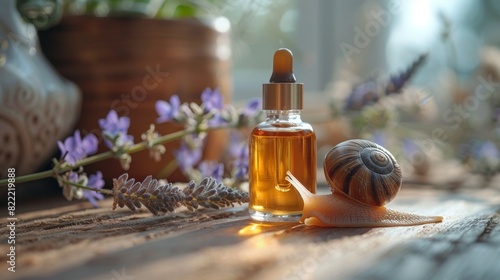 clear bottle of snail mucin essence serum beside live snail, showcasing natural beauty treatment on minimalistic background photo