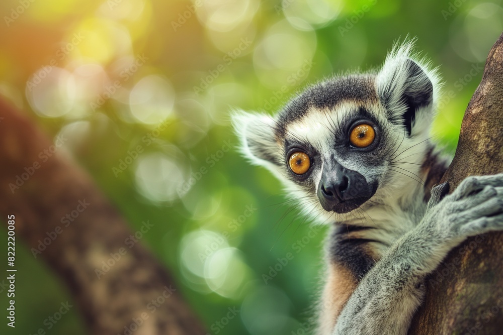 A cute ring-tailed lemur with big eyes, looking at the camera, isolated against a blurred background, in the forest. Soft sunlight. Close-up portrait. A cute ring-tailed lemur with big eyes, looking at the camera, isolated against a blurred background, in the forest. Soft sunlight. Close-up portrait.