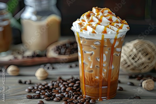 Capture close-up images of an iced coffee topped with whipped cream and a drizzle of caramel.