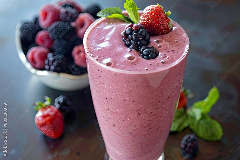 Photograph a close-up of a berry smoothie in a tall glass, garnished with a few fresh berries on top. Include a bowl of mixed berries nearby Photograph a close-up of a berry smoothie in a tall glass, garnished with a few fresh berries on top. Include a bowl of mixed berries nearby