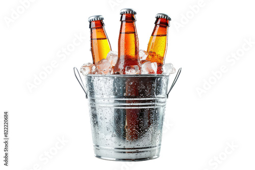 Cold bottle of bear in a bucket with ice isolated on transparent background