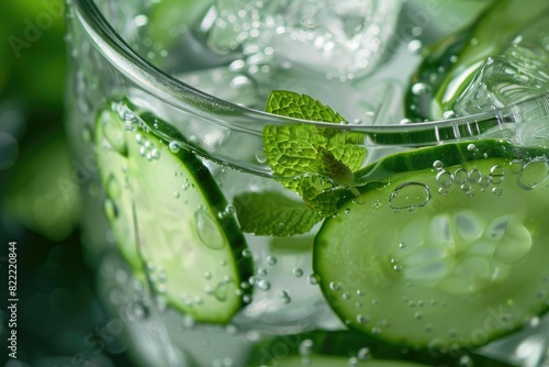Photograph a close-up of cucumber mint water in a clear glass with ice