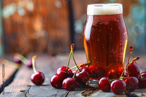 a glass of beer next to cherries photo