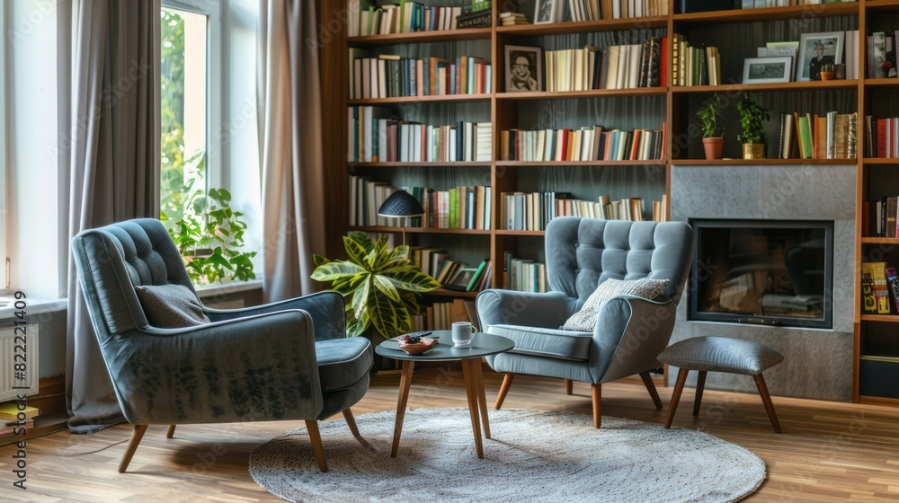 Two armchairs and fireplace in living room. Two armchairs and fireplace in living room.