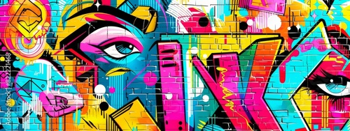 A vibrant, street art background with bold graffiti and urban elements.