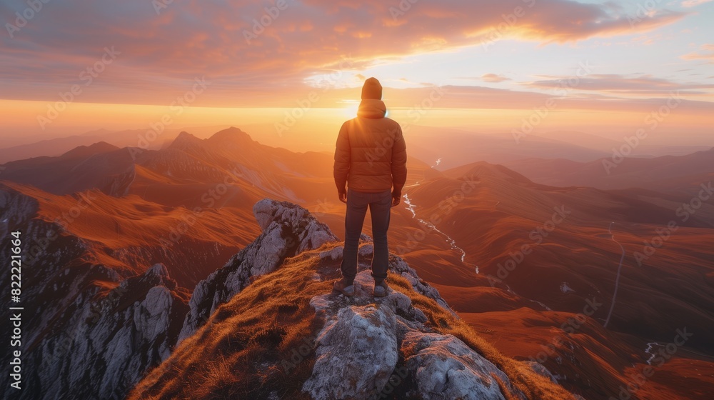 Man standing on top of mountain at sunrise, wide angle lens, beautiful landscape, stunning view Man standing on top of mountain at sunrise, wide angle lens, beautiful landscape, stunning view