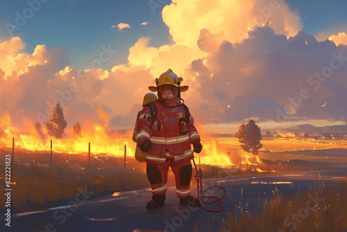 cartoon illustration, a firefighter cow photo