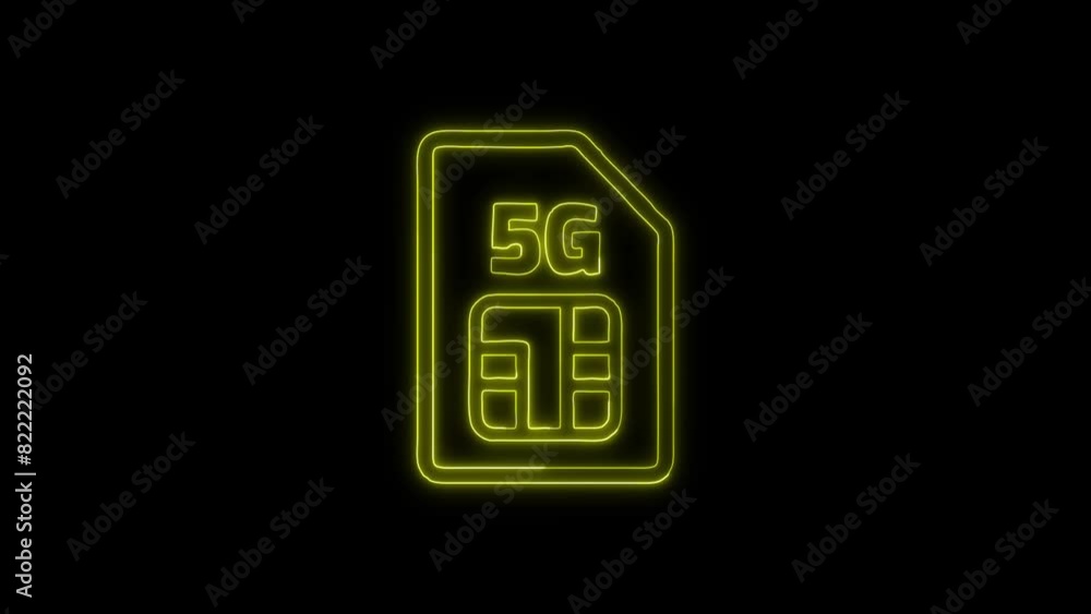 Neon 5G Sim Card Glowing Outline Icon and Symbol Animation on Black ...