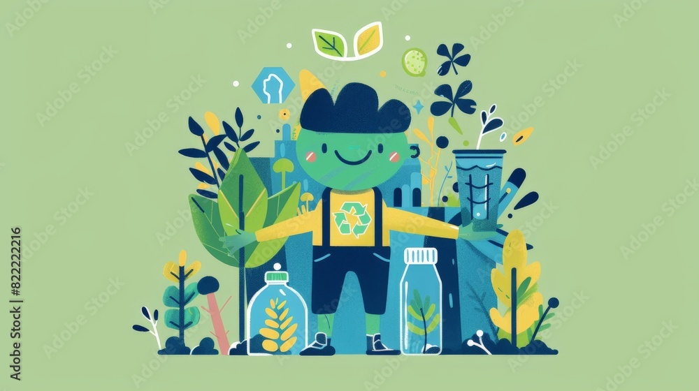 Fototapeta premium An Eco-friendly illustration character stands proudly, adorned with symbols of sustainability such as a green leaf badge and a reusable water bottle, representing a commitment to environmental