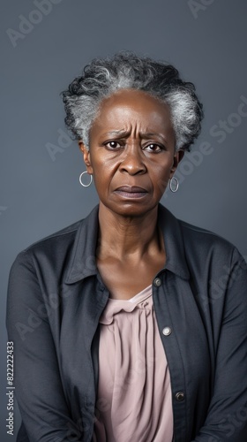 Gray background sad black American independent powerful Woman. Portrait of older mid-aged person beautiful bad mood expression girl Isolated  © Zickert