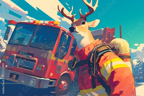 cartoon illustration, a firefighter deer photo