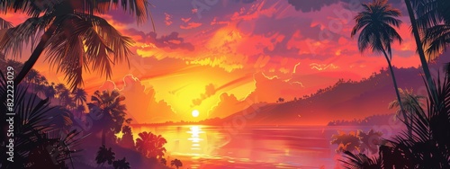 A vibrant, tropical sunset background with palm trees and warm colors.